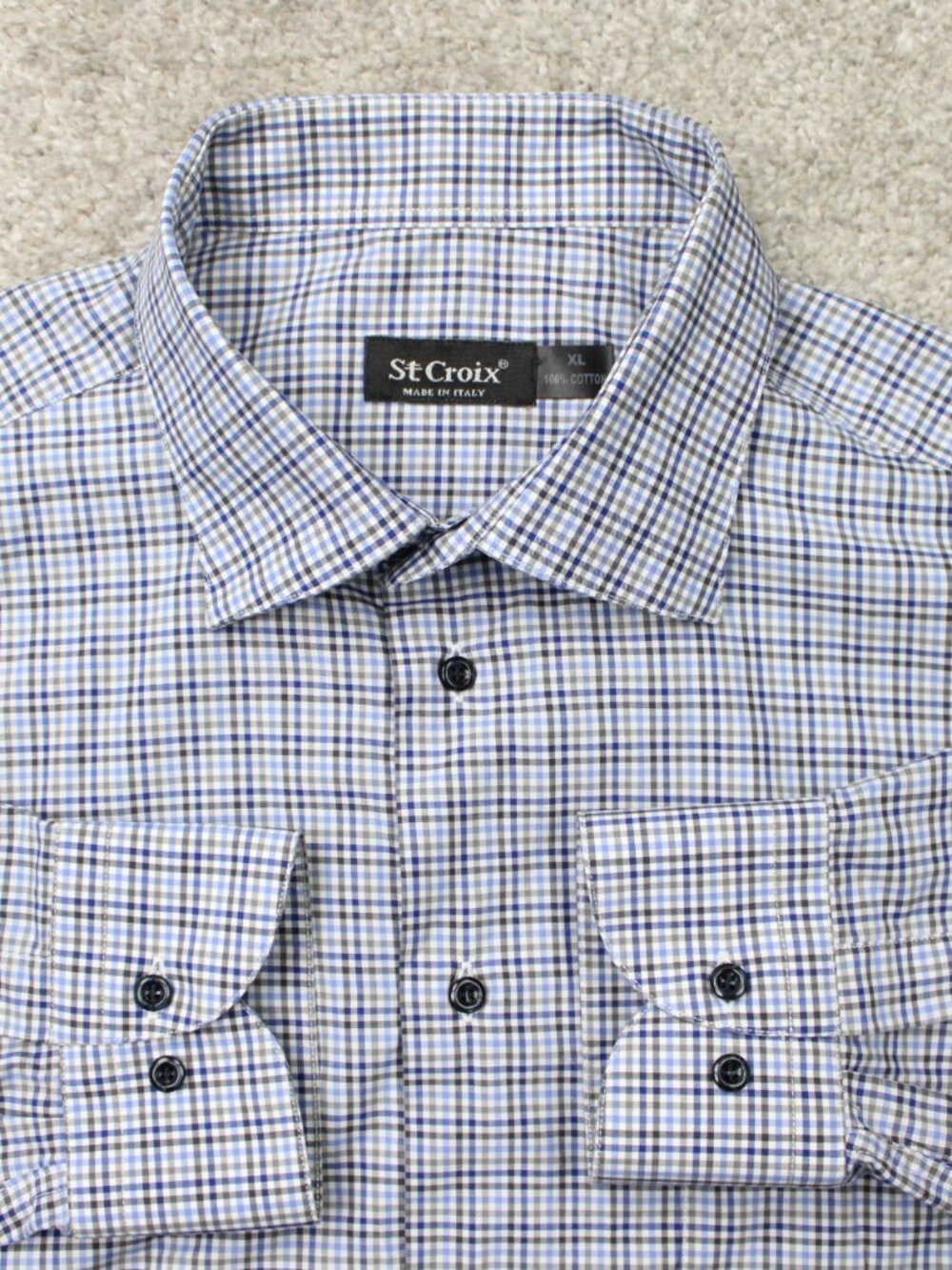 St. Croix Shirt Mens XL Blue/Black Check 100% Cotton Long Sleeve Button Up